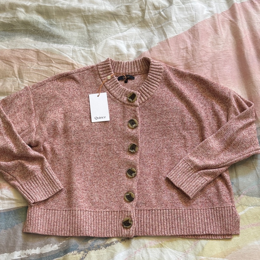 Quince Dusty Rose 100% Organic Cotton Button-Up Cropped Knit Cardigan